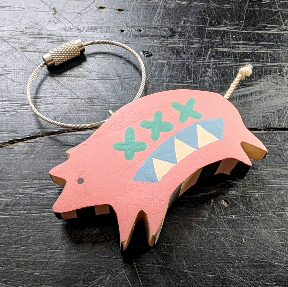 Folk Art Wooden Craft Pig Keychain Hand-painted Cottagecore Vintage Vibe